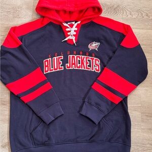 Columbus Blue Jackets NHL Red and Blue Embroidered Men's Lace-Up Hoodie